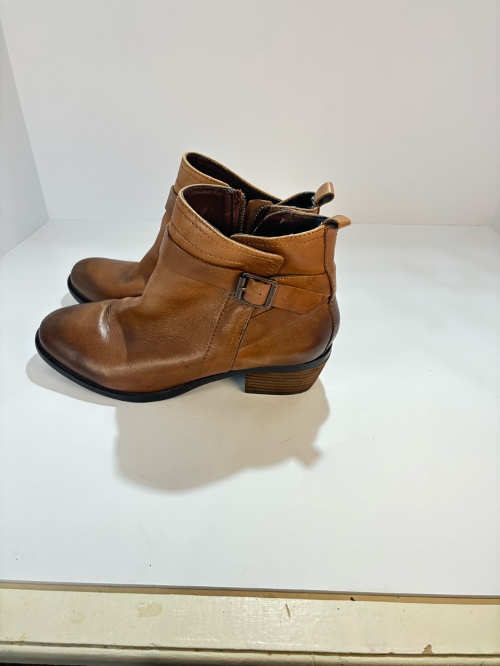 Vince Camuto Cognac Brown Leather Ankle Booties with Side Buckle